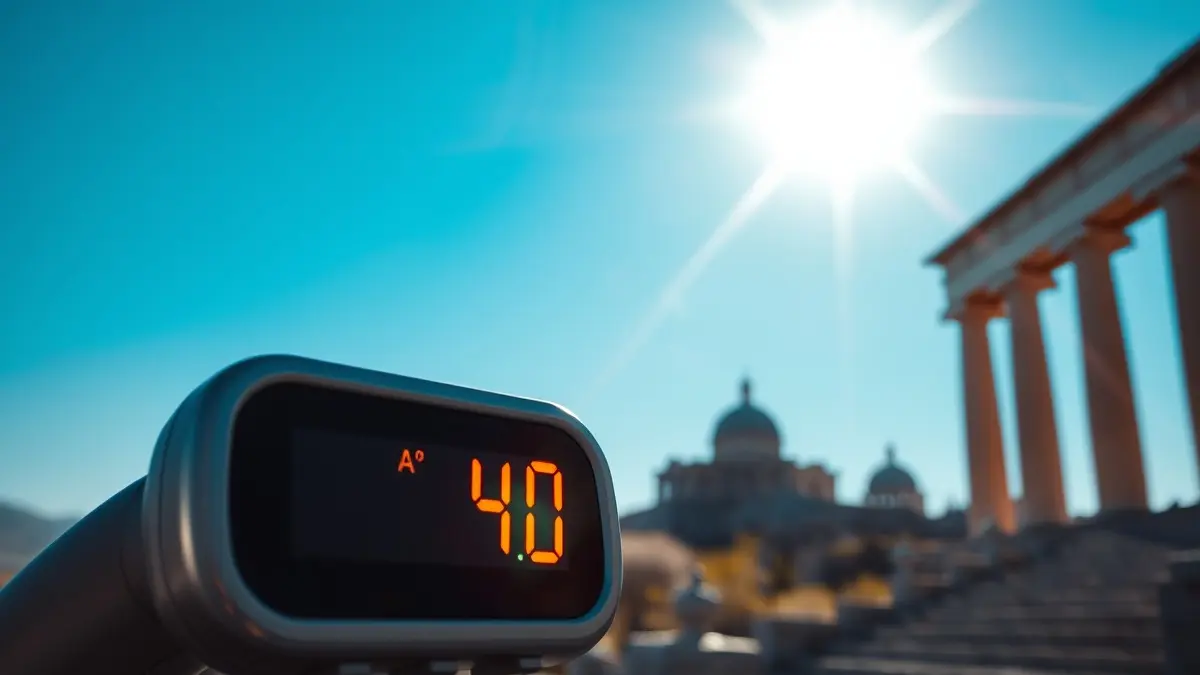 Termometro che indica temperature estreme con il sole cocente sullo sfondo e una persona che cerca riparo all'ombra in un paesaggio greco