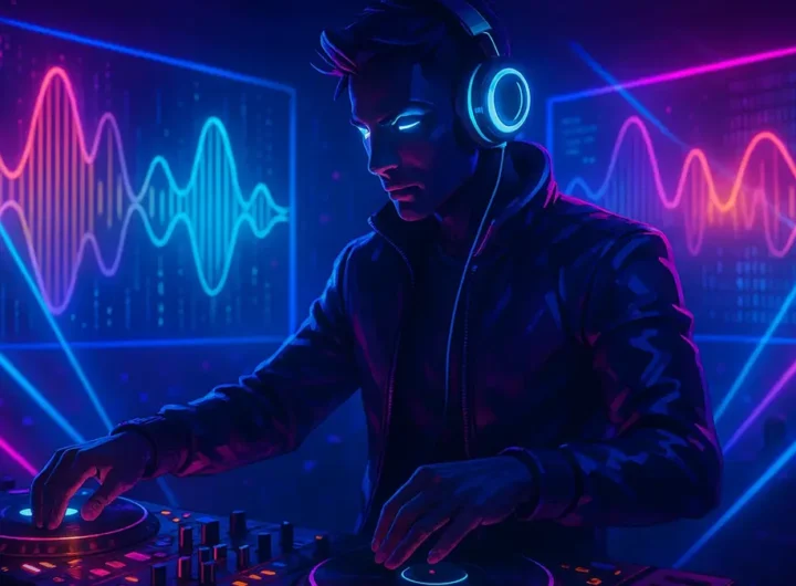 Un DJ futuristico con cuffie stilizzate si esibisce in una sala concerti illuminata da luci al neon vibranti