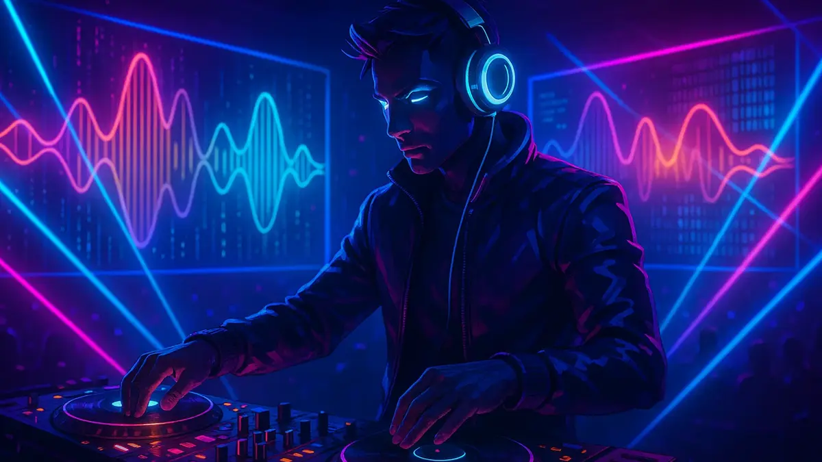 Un DJ futuristico con cuffie stilizzate si esibisce in una sala concerti illuminata da luci al neon vibranti