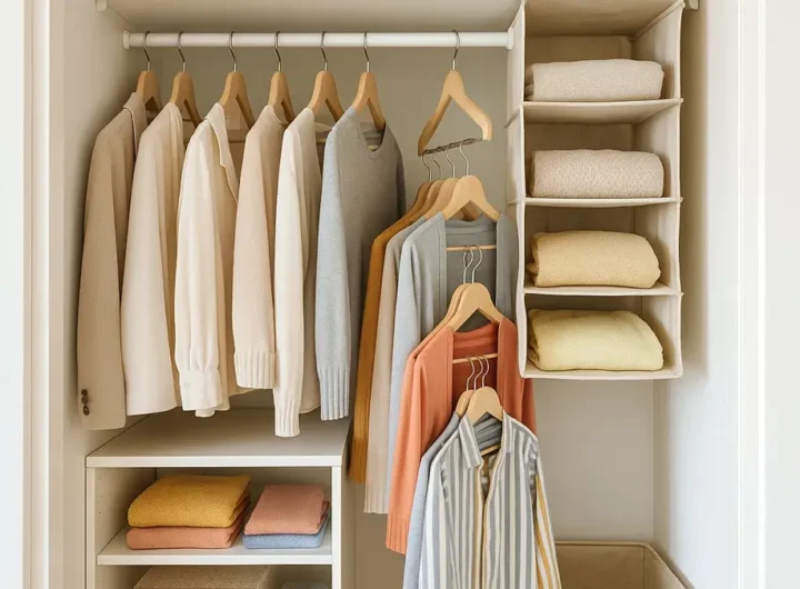 Un armadio piccolo e ben organizzato con soluzioni salvaspazio economiche