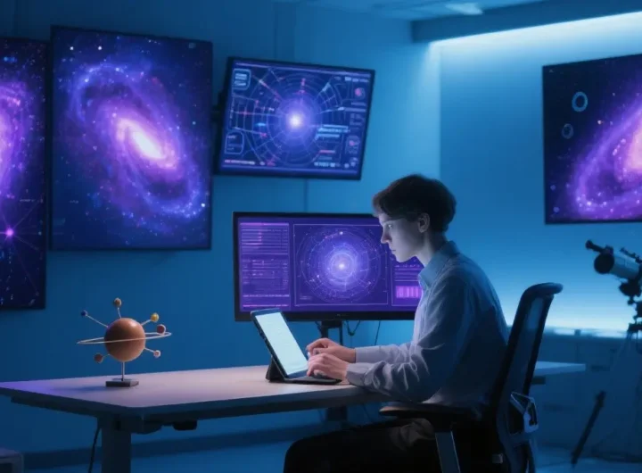 Un astrofisico (o scienziato) in un laboratorio moderno o centro di controllo