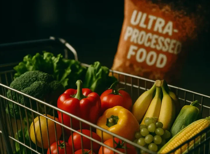 Un carrello della spesa pieno di prodotti freschi come frutta e verdura