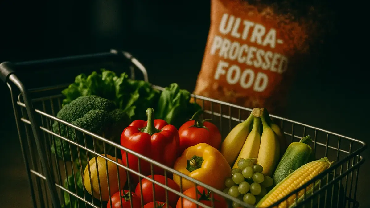 Un carrello della spesa pieno di prodotti freschi come frutta e verdura