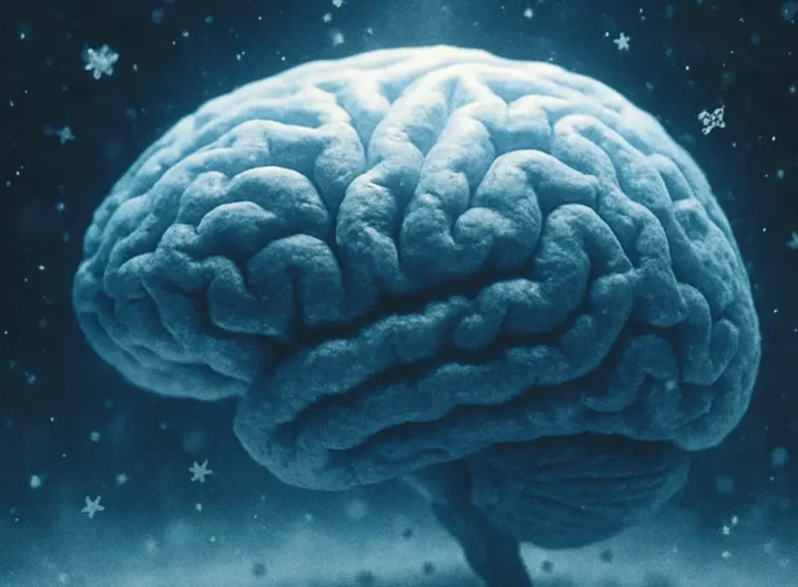 Un cervello umano stilizzato avvolto da cristalli di ghiaccio e fiocchi di neve