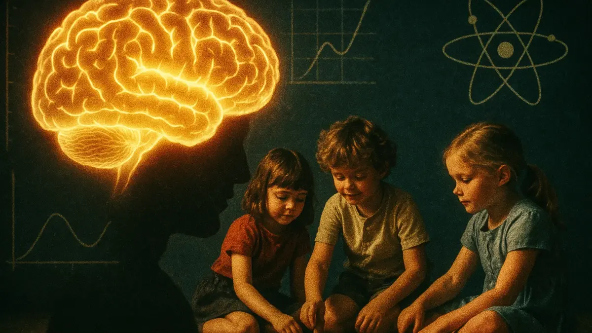 Un cervello umano stilizzato con ingranaggi visibili e bambini che corrono e giocano