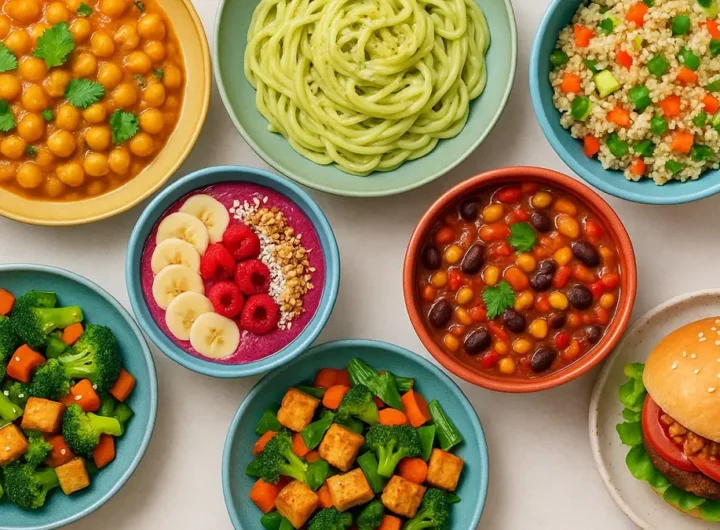 Un collage colorato di sette piatti vegani