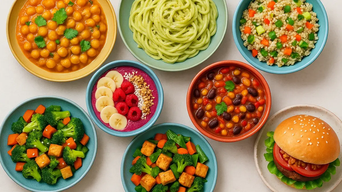 Un collage colorato di sette piatti vegani