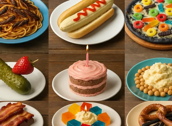 Un collage surreale e divertente di cibi strani e celebrità