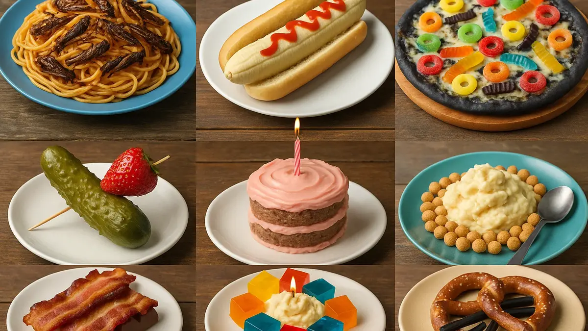 Un collage surreale e divertente di cibi strani e celebrità