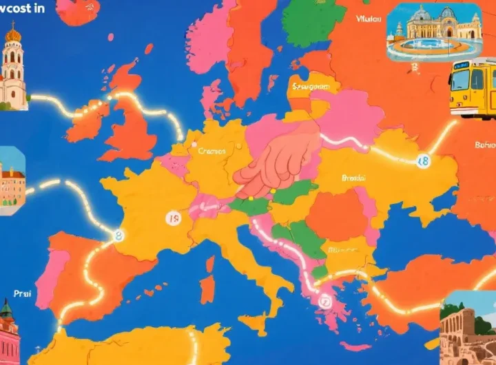 Un collage vibrante che cattura essenza dei viaggi low cost in Europa