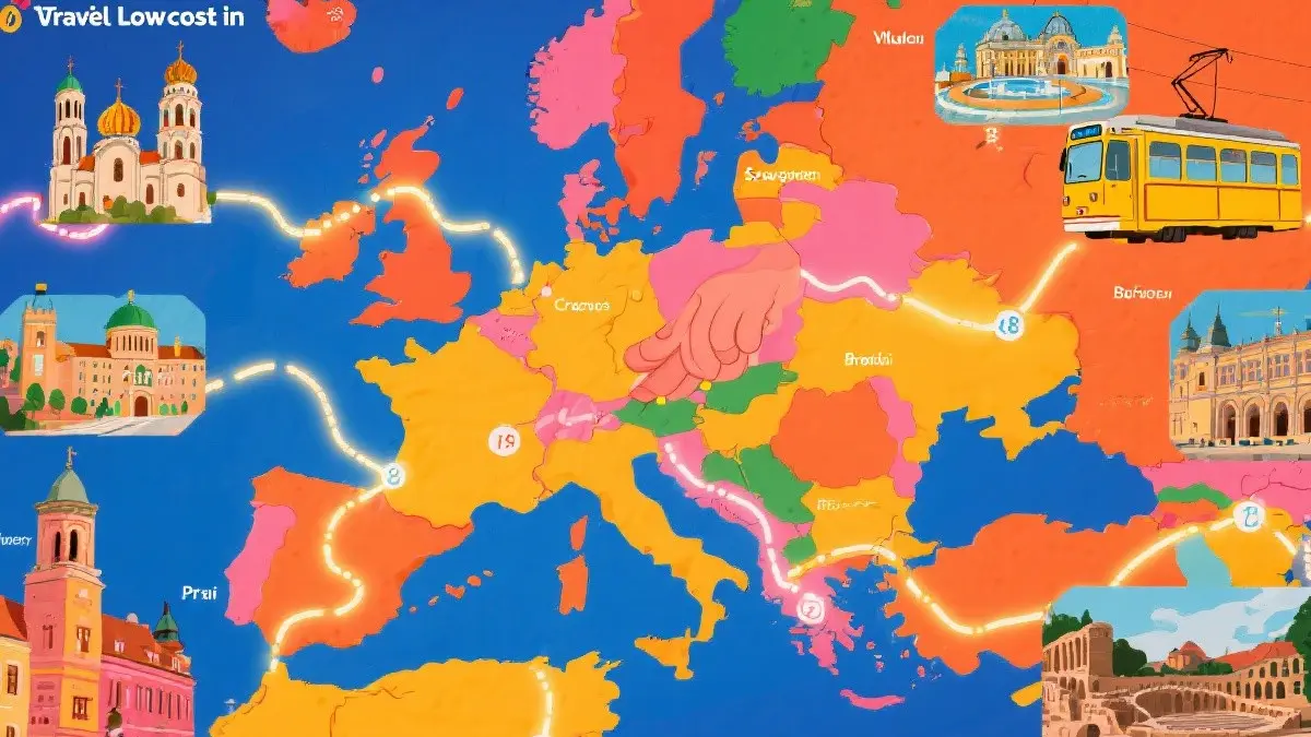 Un collage vibrante che cattura essenza dei viaggi low cost in Europa