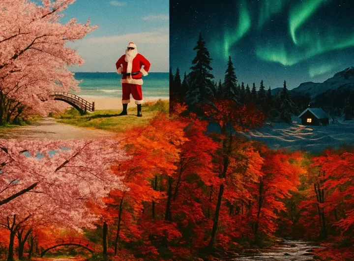 Un collage vibrante che cattura l'essenza delle quattro stagioni in diverse parti del mondo