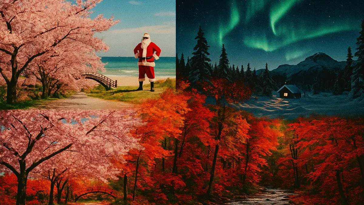 Un collage vibrante che cattura l'essenza delle quattro stagioni in diverse parti del mondo