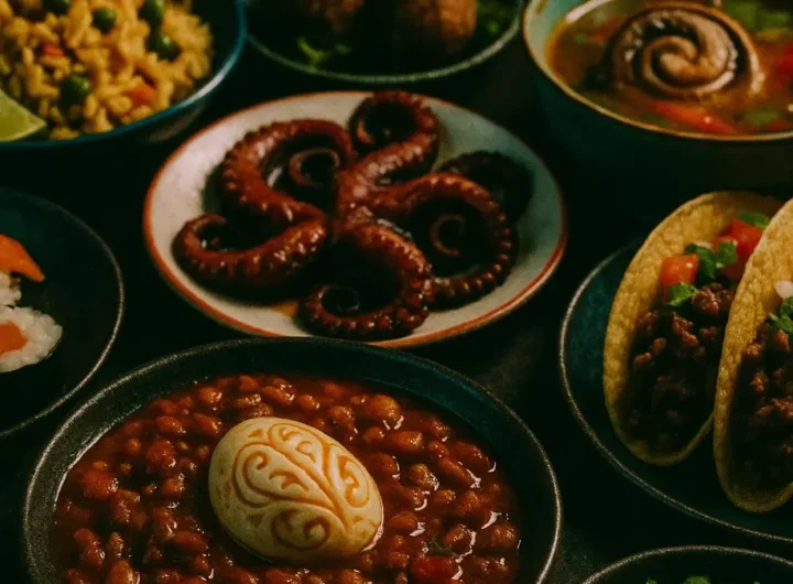 Un collage vivace di piatti provenienti da diverse culture del mondo