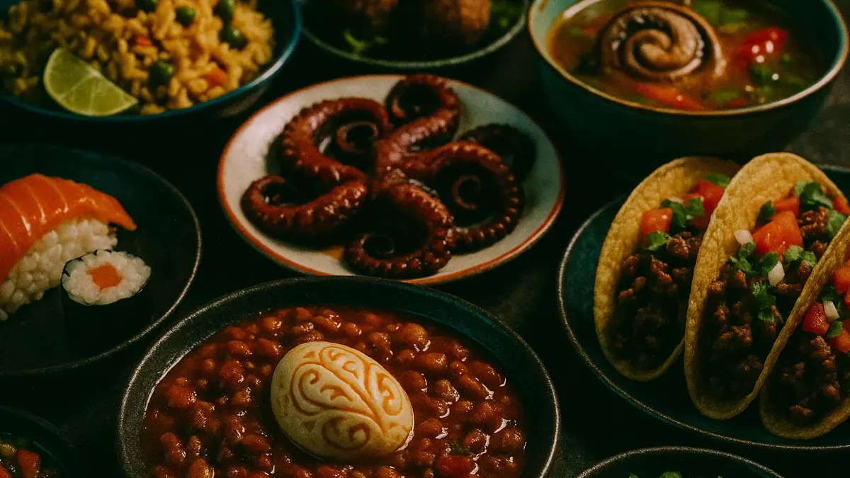 Un collage vivace di piatti provenienti da diverse culture del mondo