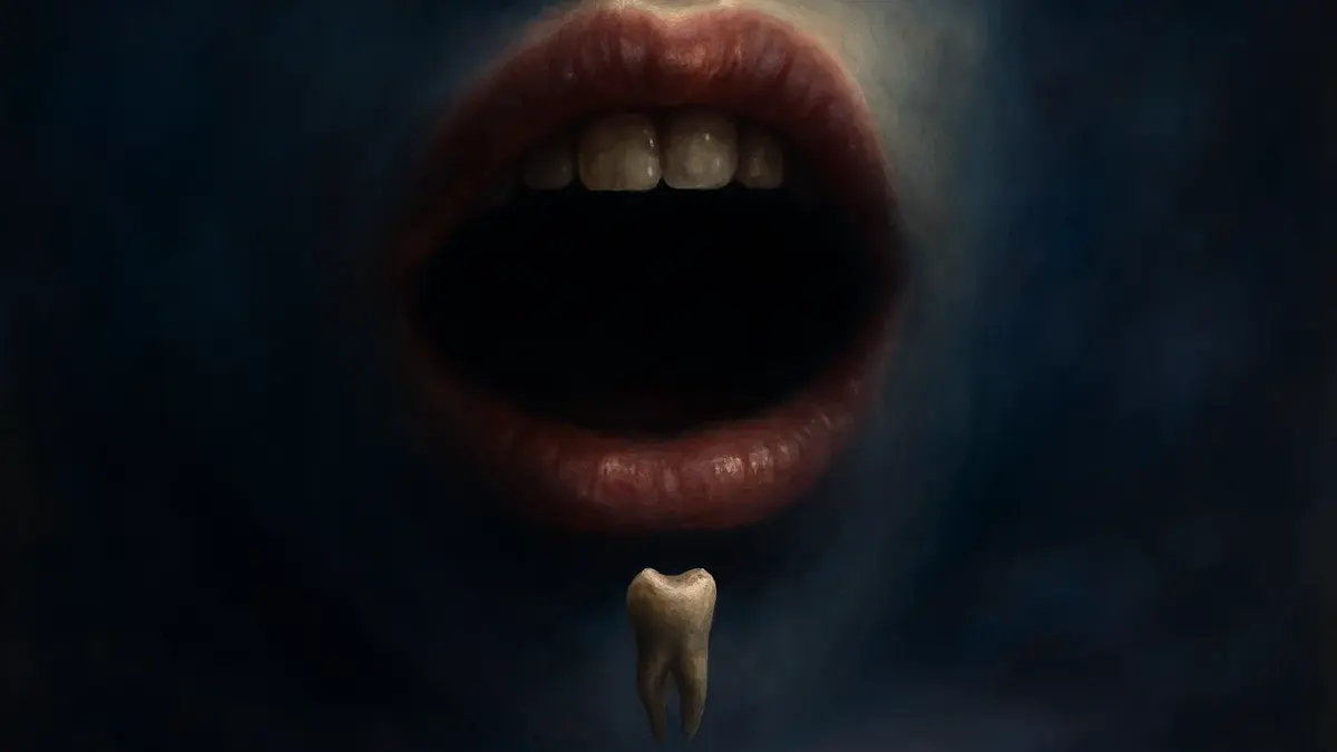 Un dente che cade da una bocca nel buio