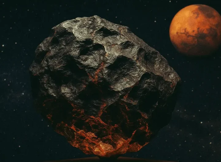 Un grande meteorite marziano di colore scuro su un piedistallo