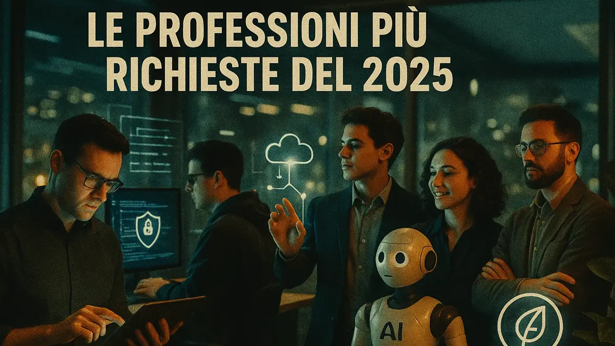 Un gruppo eterogeneo di persone che simboleggiano diverse professioni tecnologiche e sostenibili