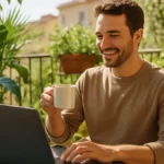 Un individuo sorridente e rilassato lavora al laptop su un balcone assolato con piante lussureggianti