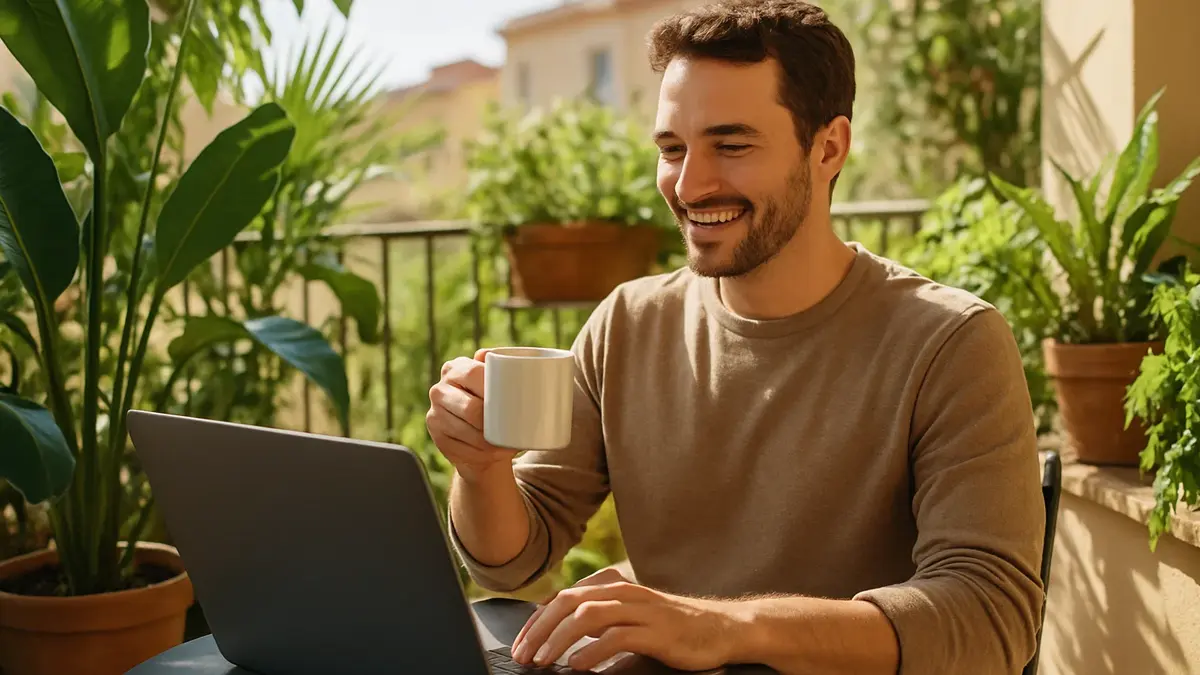 Un individuo sorridente e rilassato lavora al laptop su un balcone assolato con piante lussureggianti
