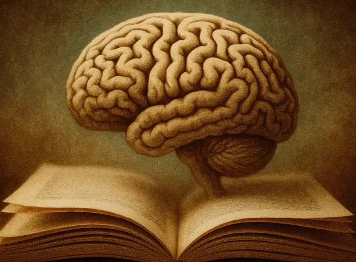 Un libro aperto con pagine che si trasformano in un labirinto o un cervello stilizzato