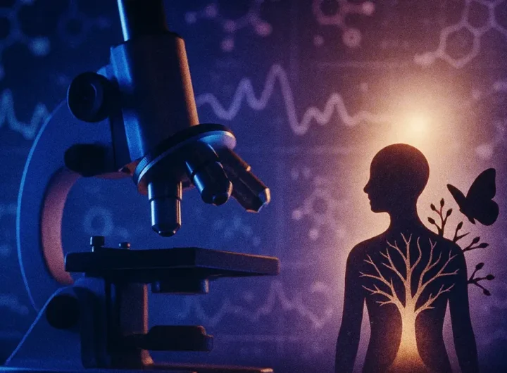 Un microscopio moderno con sfumature di luce blu e viola