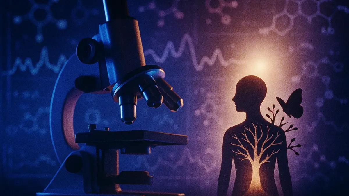 Un microscopio moderno con sfumature di luce blu e viola