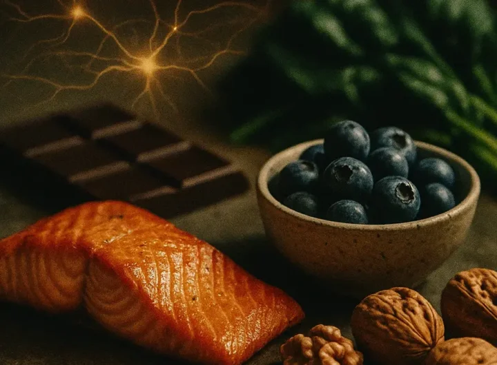 Un mix vibrante di alimenti sani salmone fresco, mirtilli succosi, cioccolato fondente e noci disposte armoniosamente su un tagliere in legno