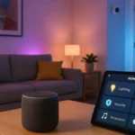 Un moderno salotto con smart speaker su un tavolino