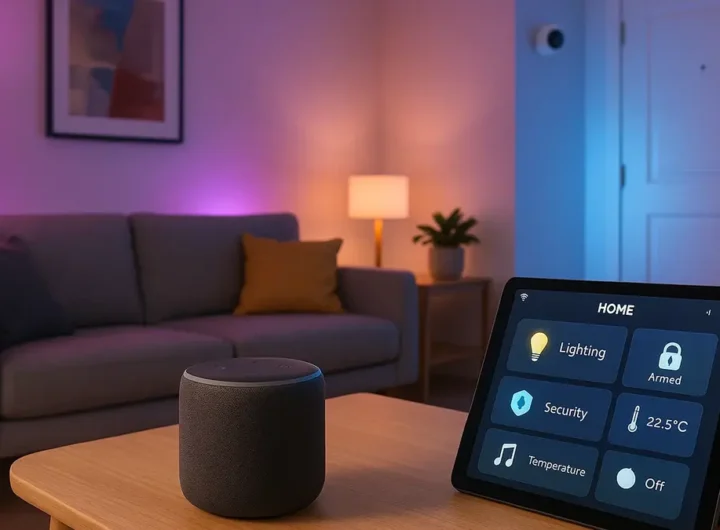 Un moderno salotto con smart speaker su un tavolino