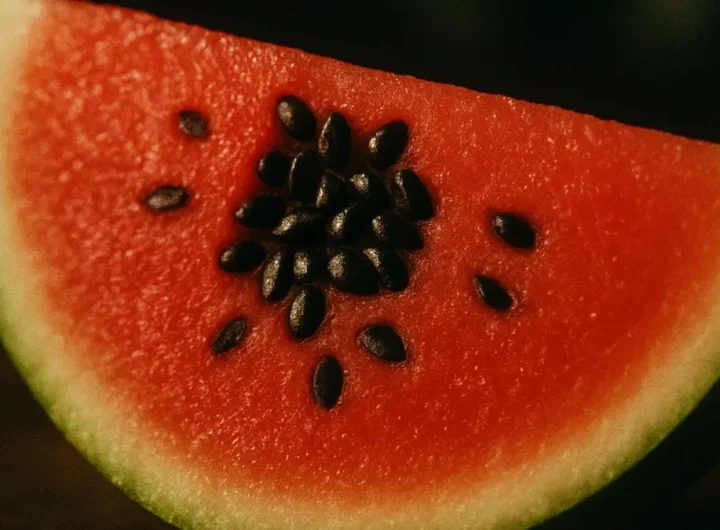 Un mucchietto di semi di anguria neri e lucidi disposti su una fetta fresca di anguria rossa