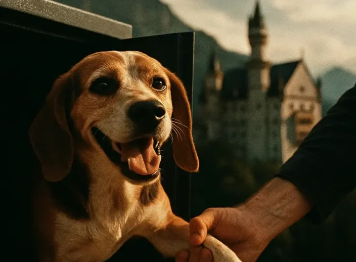 Un piccolo cane visibilmente felice e sollevato