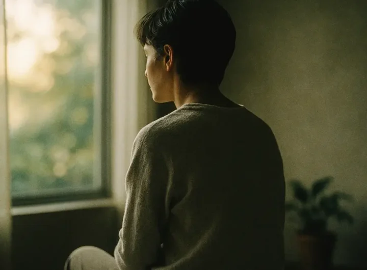 Un primo piano di una persona con un'espressione pensierosa e riflessiva, che guarda fuori da una finestra