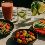 Un tavolo estivo all’aperto con piatti leggeri e colorati