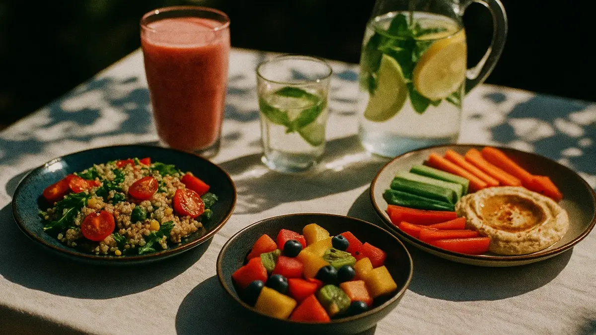 Un tavolo estivo all’aperto con piatti leggeri e colorati