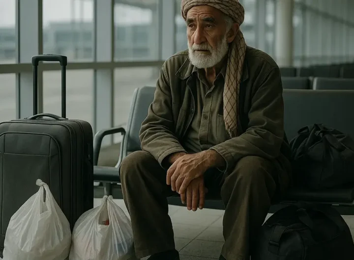 Un uomo seduto con valigia nella zona transiti di un aeroporto