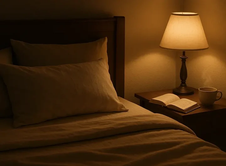 Una camera da letto buia e accogliente con un letto rifatto