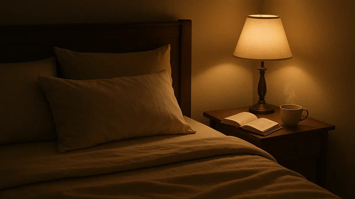 Una camera da letto buia e accogliente con un letto rifatto