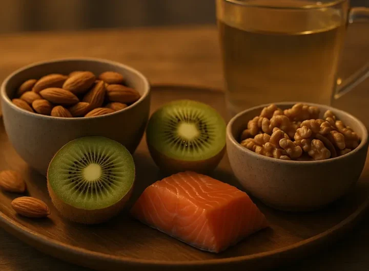 Una ciotola di mandorle e noci accanto a un bicchiere di latte