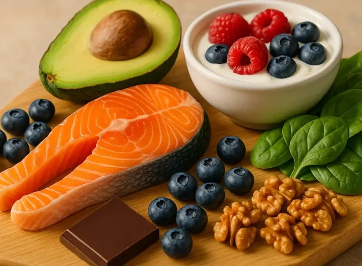 Una composizione artistica di cibi che migliorano umore