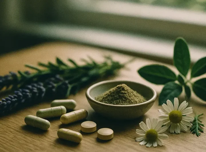 Una composizione serena che mostra integratori in pillole o polvere accanto a piante rilassanti