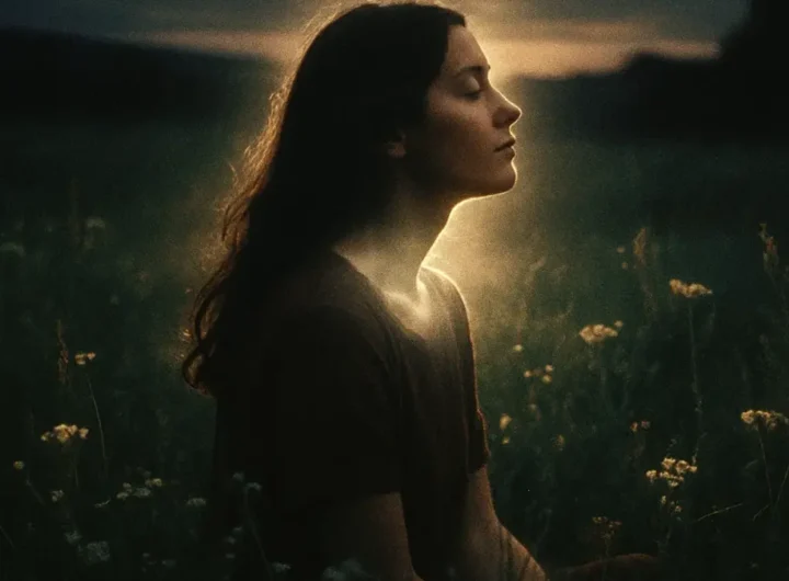 Una donna Amanda Wideman è seduta in un campo fiorito al tramonto