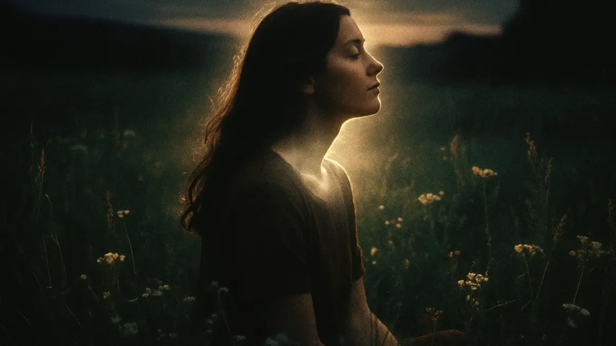 Una donna Amanda Wideman è seduta in un campo fiorito al tramonto