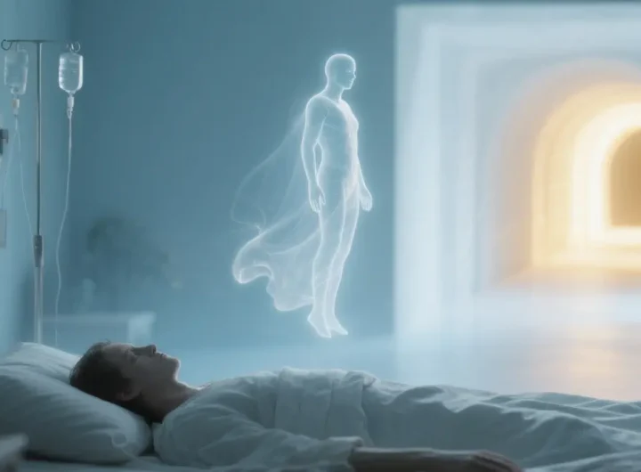 Una figura stilizzata di una persona che galleggia al di sopra del proprio corpo sdraiato in un letto