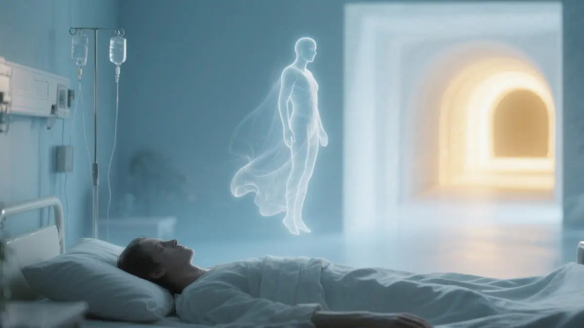 Una figura stilizzata di una persona che galleggia al di sopra del proprio corpo sdraiato in un letto