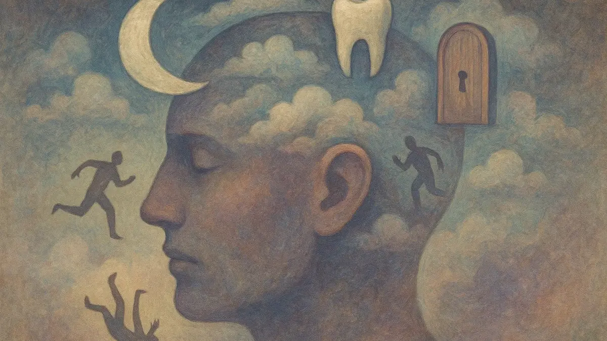 Una figura stilizzata di una testa umana con elementi onirici che emergono