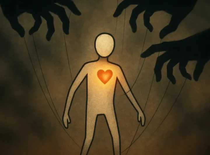 Una figura umana stilizzata circondata da fili invisibili tirati da mani nell’ombra