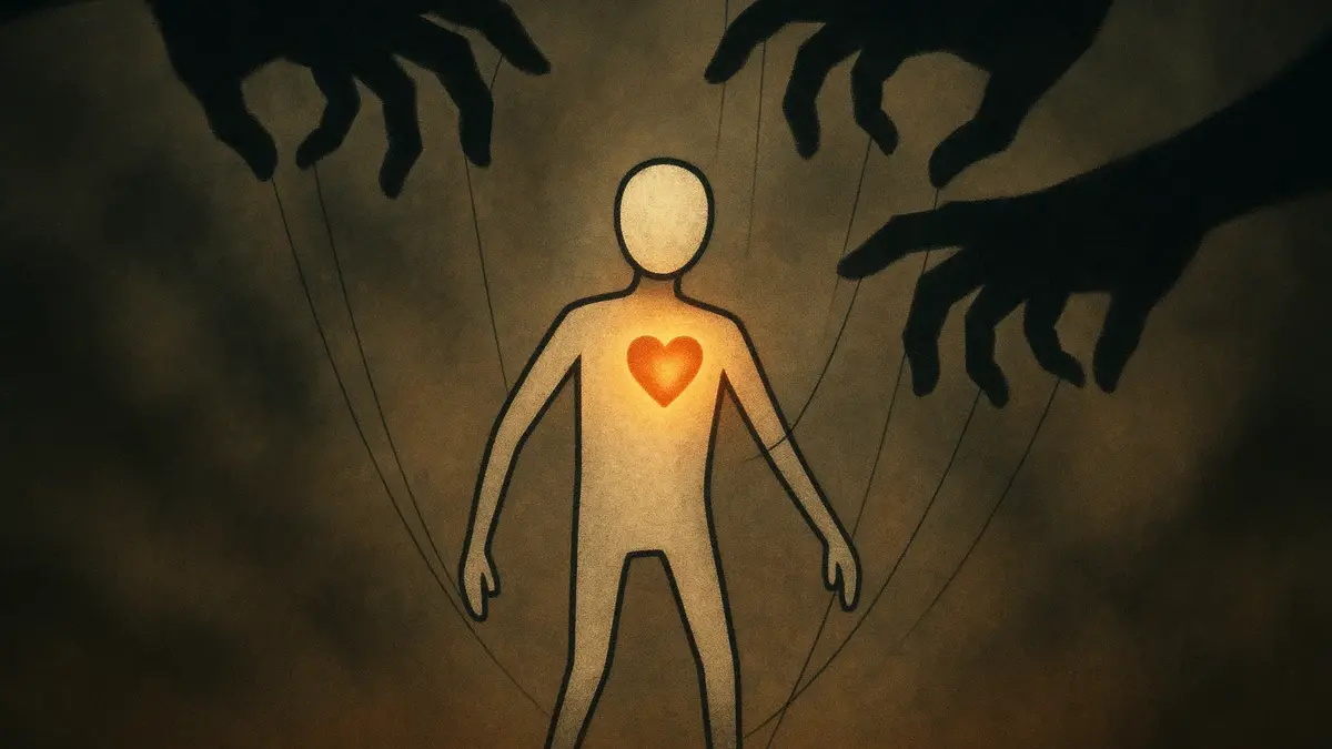 Una figura umana stilizzata circondata da fili invisibili tirati da mani nell’ombra