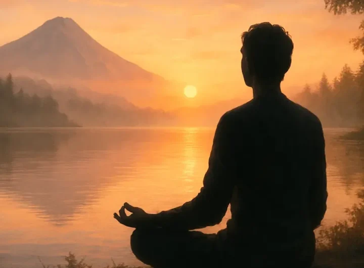 Una figura umana stilizzata in posizione meditativa su una collina