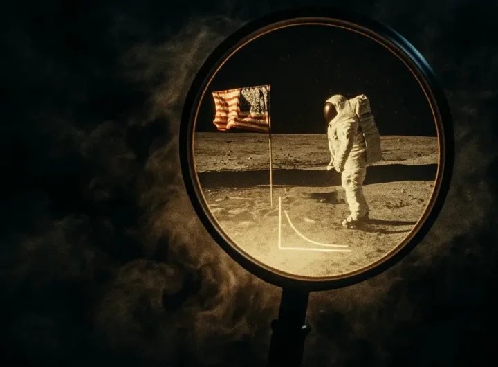 Una lente di ingrandimento stilizzata che rivela la verità dietro un velo di fumo